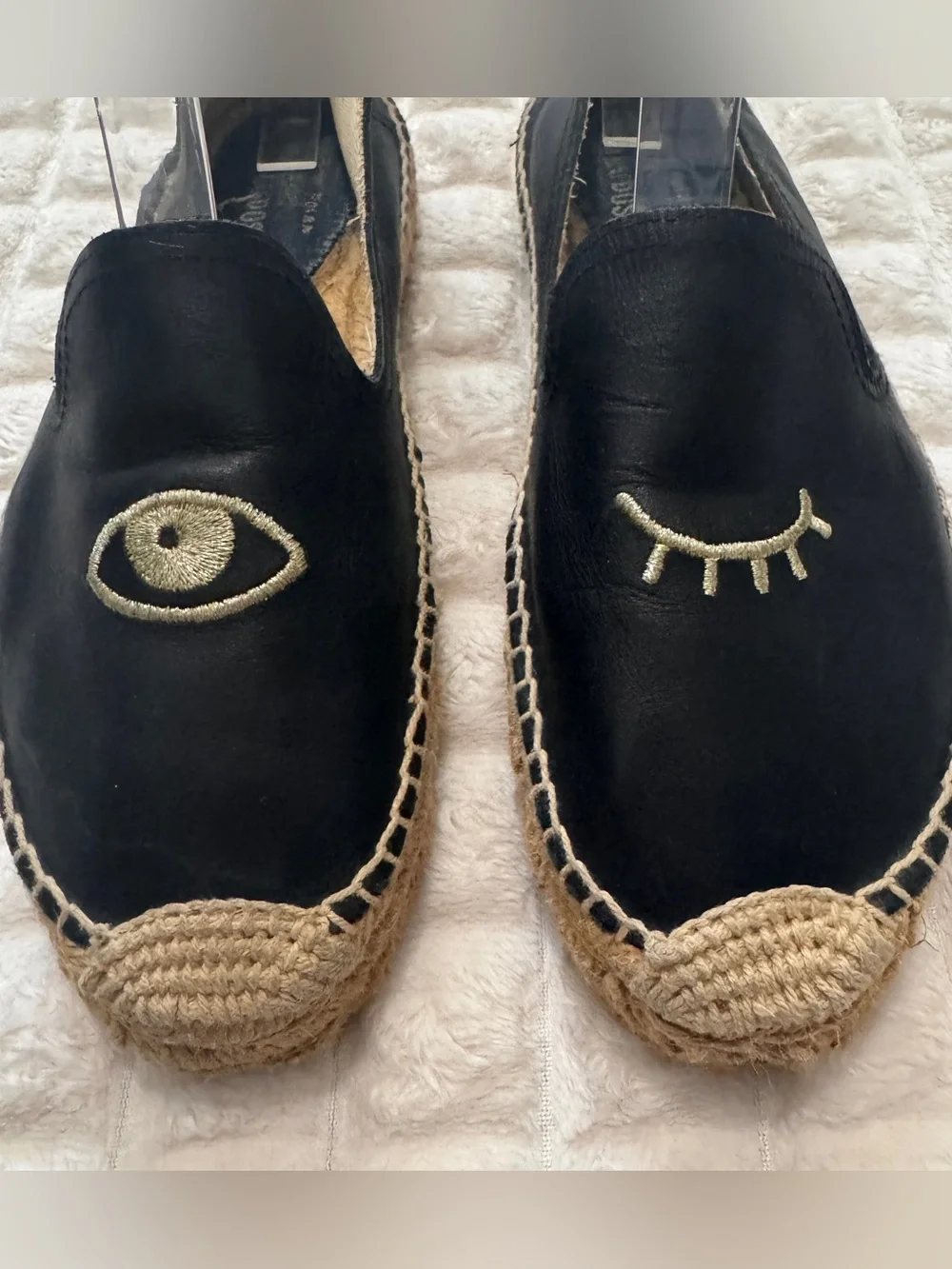 Soludos x Jason Polan 7.5 Eye Wink Black Leather Espadrille Flats Shoes